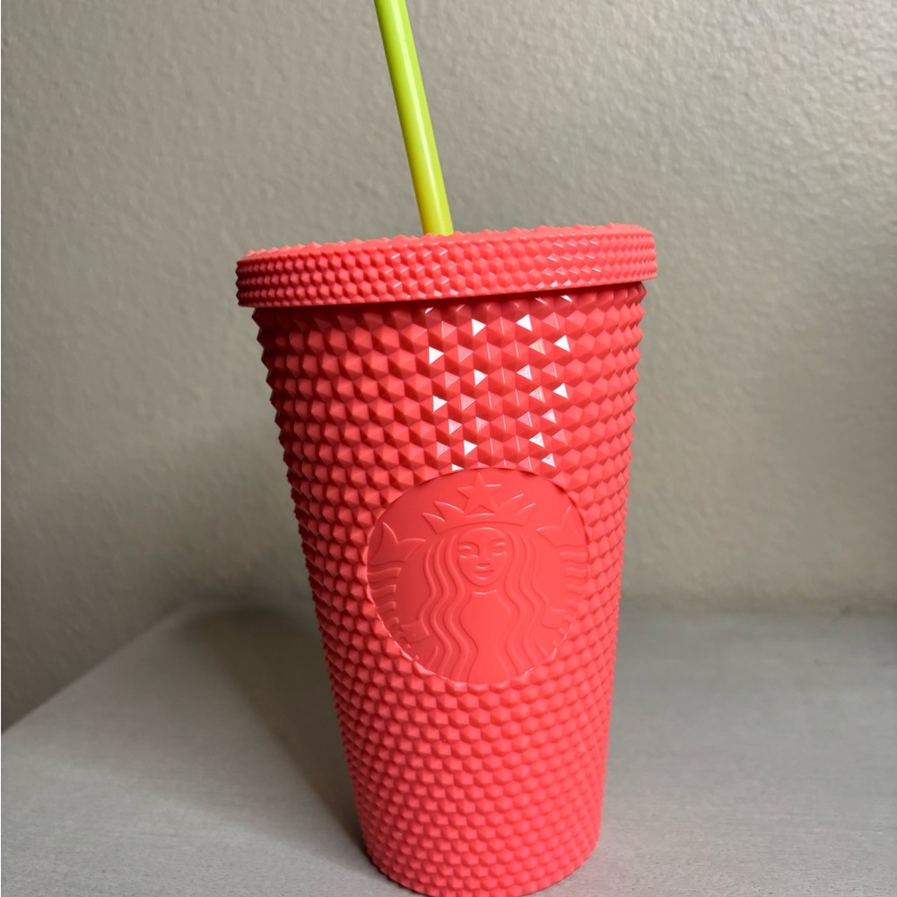 Starbucks Coral Textured Tumbler with Green Straw